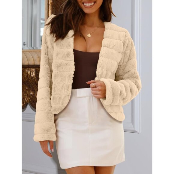 Women's Faux Fur Coats Fleece Cropped Jacket Long Sleeve Shaggy Warm Beige - Picture 2 of 5